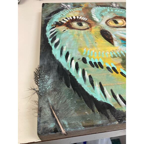 Art‎ Original Hand Painted Wise Ole Owl with Real Owl Feather On Wood 81/… - Picture 10 of 10